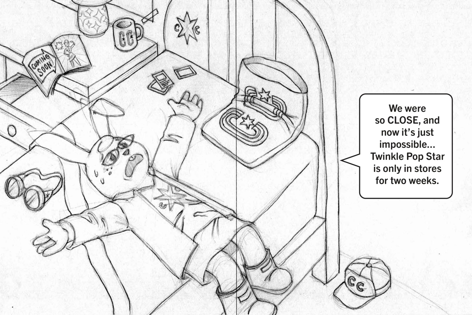 Greyscale sketch spread from Funny Money: Penny sprawled on the floor after discovering the savings jar is gone.